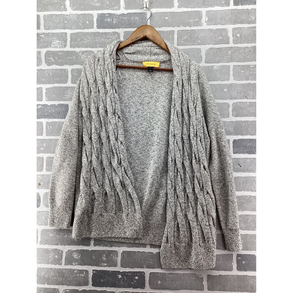 St. John Sport Womens Grey Cable Knit Wool Blend Open Front Cardigan Sweater M